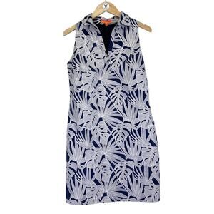 VILAGALLO Embroidered Tropical Leaves Shift Dress Sz US 2 / IT 40 White & Blue